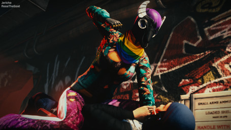 anthro brass_knuckles clothed clothing duo female fight graffiti lgbt_pride male mask melee_weapon not_furry on_top_of_another outside pride_color_clothing pride_colors punch transgender_pride_colors weapon jenzamaka apb_reloaded rose_(rosethegoat) bovid caprine goat human mammal 3d_(artwork) digital_media_(artwork)