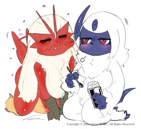 anthro anthrofied beak big_breasts blush bodily_fluids breasts chest_tuft chibi claws curvy_figure dessert duo eating eyes_closed feathers featureless_breasts female food fur heart_symbol ice_cream kneeling nude pokemorph red_body red_eyes red_feathers simple_background sitting slightly_chubby slightly_chubby_anthro smile solo sweat sweatdrop talon_hands text thick_thighs tongue tuft white_background white_body white_fur wide_hips yellow_body yellow_feathers sirn_0121 nintendo pokemon absol avian blaziken canid canine generation_3_pokemon mammal pokemon_(species) english_text full-length_portrait hi_res portrait signature