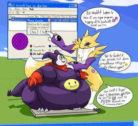 anthro belly big_belly blue_background clothing duo female fur gloves handwear male morbidly_obese obese outside overweight purple_body scarf simple_background speech_bubble text yellow_body yellow_fur thatoneaceguy bandai_namco digimon microsoft microsoft_windows windows_xp canid digimon_(species) impmon mammal renamon 2025 english_text hi_res