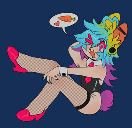 :3 alternative_fashion ambiguous_gender armpit_hair body_hair carrot chibi clothing colored_nails ear_piercing facial_piercing fishnet_clothing fishnet_legwear fluffy fluffy_hair food footwear glistening glistening_clothing hair hand_behind_head heart_symbol high_heels industrial_piercing inner_ear_fluff legwear leotard lip_piercing multicolored_hair nails necktie one_eye_closed open_:3 piercing plant pose rainbow_hair scene_(fashion) scene_haircut scut_tail shoes short_tail sitting snakebite_piercing solo sparklefur speech_bubble tail text thigh_highs tuft vegetable wink wyrmapalooza pasty_(wyrmapalooza) animal_humanoid canid canid_humanoid canine canine_humanoid fox_humanoid humanoid mammal mammal_humanoid alpha_channel colorful_theme english_text hi_res