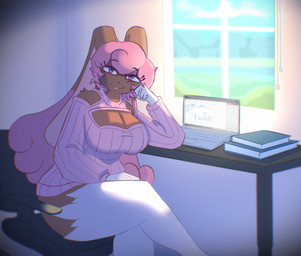 anthro big_breasts book breasts brown_body brown_fur chair cleavage_cutout clothing computer cutout electronics eyewear female fur furniture glasses hair looking_at_viewer office_chair pink_clothing pink_eyes pink_hair pink_sweater pink_topwear smile smiling_at_viewer solo sweater thick_thighs topwear wearing_glasses white_body white_fur wide_hips window bunondemand nintendo pokemon melissa_(sparkingyagi) generation_4_pokemon lopunny pokemon_(species)
