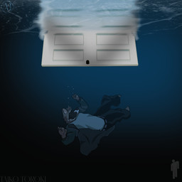 anthro belt bottomwear brown_body brown_fur clothed clothing door fully_clothed fur gradient_background jacket male male/male pants santino simple_background solo topwear underwater water taiko_toroki billie_eilish hit_me_hard_and_soft mammal procyonid raccoon 1:1 album_cover cover digital_media_(artwork) hi_res