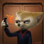 anthro bar_phone black_nose cellphone claws clothed clothing detailed_background door electronics fur grawlixes male onomatopoeia phone solo sound_effects text v-neck_shirt white_body white_fur yelling swish disney the_fifth_element zootopia finnick_(zootopia) canid canine fennec_fox fox mammal true_fox 1:1 hi_res