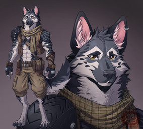 abs anthro bag biped black_body black_ears black_nose clothing ear_piercing ear_tuft fur gloves grey_background handwear male markings piercing scarf shoulder_pads simple_background solo solo_focus standing striped_body striped_fur striped_markings striped_tail stripes tail tail_markings teeth tuft wasteland white_body yellow_eyes ottobum canid canine canis domestic_dog mammal wolf absurd_res hi_res