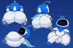 all_fours antennae_(anatomy) balls bedroom_eyes big_balls big_butt big_penis blue_background blue_body blue_cape blue_clothing blue_eyes butt cape clothing eyes_closed genitals glistening glistening_butt half-closed_eyes high-angle_view huge_butt huge_penis looking_at_viewer lying machine male multicolored_body narrowed_eyes not_furry on_side penis presenting presenting_hindquarters rear_view screen screen_face seductive simple_background small_but_hung solo standing teapot_(body_type) thick_thighs translucent translucent_cape translucent_clothing two_tone_body white_body axoarts astro_bot_(series) sony_corporation sony_interactive_entertainment astro_(astro_bot) humanoid robot robot_humanoid 2023 digital_media_(artwork) hi_res