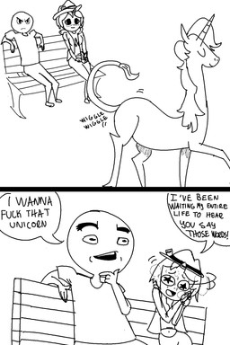 bench clothed clothing dialogue eyewear female fully_clothed glasses group hair hat headgear headwear horn male open_mouth park_bench profanity simple_background star_eyes text what white_background 4chan mythology phoebe_and_her_unicorn /v/ marigold_(heavenly_nostrils) mlp-tan classical_unicorn equid equine human mammal mythological_creature mythological_equine unicorn 2:3 black_and_white comic english_text hi_res monochrome