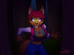 anthro bright_eyes canid canine clothed clothing cmaster1987 creepy female forest forest_background hi_res jaws kalyn_(animasmash) mammal mythological_canine mythological_creature mythology nature nature_background night plant sharp_teeth solo teeth tree were werecanid werecanine werewolf yellow_eyes