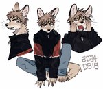 2024 anthro anthrofied axian6777 barefoot blue_eyes bottomwear canid canine clothed clothed_anthro clothed_male clothing damon_albarn dated digital_drawing_(artwork) digital_media_(artwork) ear_piercing ear_ring feet fur hair hi_res jacket looking_up male male_anthro mammal mouth_closed multiple_poses open_mouth pants piercing portrait pose ring_piercing simple_background sitting smile solo tan_body tan_fur topwear whiskers white_background