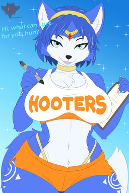 anthro big_breasts blue_body blue_eyes blue_fur blue_hair bottomwear breasts chest_tuft clothed clothing crotch_tuft eyelashes female fox_tail fur hair hooters_uniform long_eyelashes midriff orange_bottomwear orange_clothing orange_shorts shorts solo tail thong_straps tuft wildstar_dragoon hooters nintendo star_fox krystal_(star_fox) canid canine fox mammal