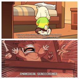 3_toes anthro barefoot bed border clothing dumpster duo feet fur furniture green_clothing green_shirt green_topwear inside male parody pawpads paws pink_pawpads plantigrade shirt soles text toes topwear white_body white_border white_fur akanemnon deltarune disney lilo_and_stitch undertale undertale_(series) asriel_dreemurr kris_dreemurr bovid caprine goat human mammal 1:1 2026 comic english_text hi_res nonbinary_(lore)