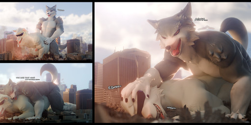 all_fours anal anal_penetration anthro bodily_fluids city city_crushing city_destruction comic_panel cum cum_inside curling_tail destruction dialogue doggystyle dominant dominant_male duo ejaculation erection from_behind_position genital_fluids genitals glans hand_on_head holding_from_behind humping macro male male/male mounting muscular on_top on_top_of_another orgasm penetration penile penile_penetration penis penis_in_ass raised_tail rampage rough_anal rough_sex sex sky tail text tongue tongue_out visor x-ray_view bigkami canid canine canis fox mammal wolf 2026 3d_(artwork) absurd_res blender_(artwork) comic digital_media_(artwork) english_text hi_res