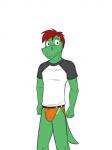 anthro bulge clothing jockstrap male orange_clothing orange_underwear shirt simple_background solo t-shirt topwear underwear white_background fuze texnatsu diego_abel alligator alligatorid crocodilian reptile scalie 3:4 hi_res