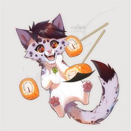 bangs black_hair black_spots bodily_fluids brown_eyes cheek_tuft chibi dipstick_tail drooling eyelashes facial_tuft fangs female feral feral_with_hair food fur grey_body grey_fur hair jewelry looking_at_food looking_at_object markings necklace necklace_only nude open_mouth pawpads pink_nose pink_pawpads pink_tongue saliva short_hair simple_background solo spots spotted_body spotted_fur spotted_markings spotted_tail sushi tail tail_markings teeth tongue tuft yellow_sclera azzai domestic_cat felid feline felis mammal 1:1 2018 colored digital_drawing_(artwork) digital_media_(artwork) shaded
