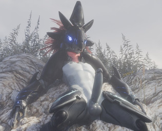 3_fingers anthro armor avian_caruncle balls blue_eyes boulder butt butt_from_the_front cloud erection feather_hair feathered_crest feathers fingers genitals glistening glistening_balls glistening_genitalia glowing glowing_eyes grey_body grey_scales head_crest headgear helmet humanoid_genitalia humanoid_penis male mostly_nude nipples non-mammal_nipples on_ground on_rock outside overcast penis plant pose presenting presenting_penis pseudo_hair reclining red_body red_feathers rock scales sky solo synca pickle_juice_(modeler) halo_(series) microsoft xbox_game_studios blackwatch alien avian kig-yar scalie t'vaoan 3d_(artwork) colored digital_media_(artwork) hi_res pinup