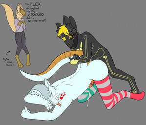 anal anal_penetration anthro black_body black_fur blonde_hair blue_body blue_fur blush blush_lines bodily_fluids clothing cuckquean cum cum_in_ass cum_inside ejaculation female fur genital_fluids genitals group hair legwear machine male male/male multicolored_eyes orgasm orgasm_face penetration penile penis sex sex_toy tail tail_grab tan_body tan_fur thigh_highs tongue tongue_out trio vibrator vibrator_on_penis yaveton mythology kona_biralla osko_(yaveton) canid canine dragon fennec_fox fox mammal mythological_creature mythological_scalie protogen scalie true_fox wingless_dragon hi_res