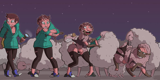all_fours brown_hair clothing dark_body dark_skin female feral fur fur_growth green_eyes growth hair hooves human_to_feral jacket legwear light_body light_skin outside shoe_burst sky snout snout_growth solo species_transformation standing star starry_sky surprised teat_growth teats tights topwear torn_clothing transformation transformation_sequence udder_growth udders undressing wool_(fur) jamsnjellies bovid caprine human mammal sheep 2016 hi_res sequence