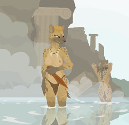 amber_eyes anthro bathing bottomwear breasts butt clothed clothing dagger duo female grin hair hot_spring jewelry loincloth melee_weapon necklace nipples nude smile standing topless tribal water weapon phlegraofmystery hyena mammal spotted_hyena hi_res