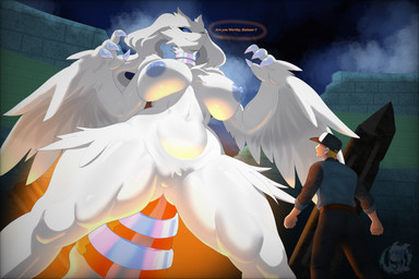areola breasts clothed clothing female fur genitals male nipples nude pokemorph size_difference solo_focus spread_legs spreading text vulva white_body white_fur emmet_twunks mythology nintendo pokemon dragon furred_dragon furred_scalie generation_5_pokemon human legendary_pokemon mammal mythological_creature mythological_scalie pokemon_(species) reshiram scalie 2026 absurd_res english_text hi_res