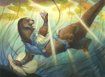 ambiguous_gender anthro ball brown_body brown_fur dagger fur holding_ball holding_dagger holding_melee_weapon holding_object holding_weapon light light_beam melee_weapon open_mouth pawpads plant seashell semi-anthro shell smile sunbeam sunlight tail underwater water weapon whiskers julie_dillon hasbro magic:_the_gathering wizards_of_the_coast mammal mustelid otter 2024 official_art