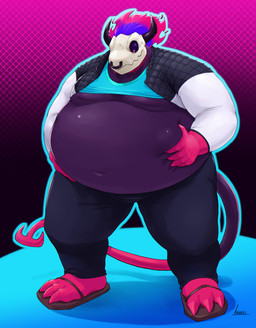 3_claws 3_toes anthro belly belly_grab big_belly black_sclera bodily_fluids bone bottomwear claws clothed clothing clothing_lift facial_piercing feet fire flaming_hair footwear forked_tail gradient_background looking_down male moobs navel nose_piercing nose_ring obese overweight pants pattern_background piercing pseudo_hair purple_body red_eyes ring_piercing sandals septum_piercing septum_ring shirt shirt_lift shoes simple_background skull skull_head solo sweat sweatdrop tail tight_clothing toes topwear unusual_anatomy unusual_tail weight_gain iwano boo_(boo-radl3y) demon absurd_res hi_res