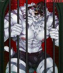 abs anthro areola barazoku biceps big_bulge big_muscles bodily_fluids bottomwear bulge claws clenched_teeth clothed clothing detailed_bulge dripping eyewear fur hat headgear headwear hotpants huge_muscles inside kemono leather leather_daddy male muscular muscular_anthro muscular_male navel nipples pecs prison prison_cell serratus shorts solo standing sunglasses sweat teeth text thick_thighs topless topless_anthro topless_male tuft nekogaki0324 dislyte lilith_games patreon jin_qiu_(dislyte) felid mammal pantherine tiger 2024 absurd_res hi_res signature url