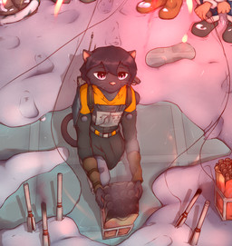 anthro black_body black_fur bottomwear clothing female fireworks footwear fur group hair high-angle_view holding_object holidays ice jacket long_hair looking_up pants shoes skinny snow solo_focus tail technology topwear whiskers cdt2s arc_raiders new_year new_year_2026 snowflake_(cdt2s) domestic_cat felid feline felis human mammal pantherine snow_leopard hi_res