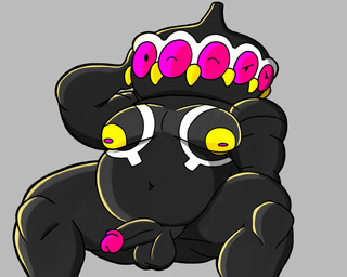 anthro balls belly black_body genitals grey_background hand_on_head humanoid_genitalia humanoid_penis male multi_eye navel nude_anthro nude_male overweight overweight_anthro overweight_male pecs penis pink_sclera simple_background solo hyenakenisis nintendo pokemon claydol generation_3_pokemon pokemon_(species) hi_res
