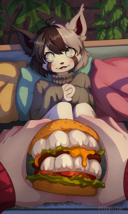 ambiguous_anthro ambiguous_gender anthro black_body black_fur black_hair blue_eyes blush burger cheese cute_fangs dairy_products detailed_background disembodied_hand duo ear_tuft fangs feet food food_on_feet foot_fetish fur grey_hair hair holding_food holding_object open_mouth open_smile pillow plant smile solo_focus teeth text tuft white_body white_fur unluckymireille ailurid mammal red_panda 3:5 absurd_res artist_name digital_drawing_(artwork) digital_media_(artwork) hi_res huge_filesize