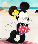 accessory anthro barefoot beach beach_towel bikini clothed clothing day detailed_background eyes_closed feet female floral flower flower_accessory flower_hair_accessory flower_on_head gloves hair_accessory handwear kneeling one-piece_swimsuit outside plant polka_dot_bikini polka_dots seaside smile solo swimwear towel two-piece_swimsuit somescrub disney minnie_mouse mammal mouse murid murine rodent hi_res