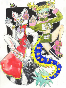 accessory alternative_fashion anthro asian_clothing boots bottomwear chinese_clothing claws clothed clothing crop_top dress duo ear_piercing ear_ring east_asian_clothing female flower flower_in_hair footwear fur group hair hair_accessory headgear horn jewelry markings nails open_mouth piercing plant ring_piercing shirt shoes shorts smile tail tail_markings topwear trio white_body white_fur yellow_eyes kyokyota human lemur mammal primate ring-tailed_lemur strepsirrhine 2017 hi_res traditional_media_(artwork)