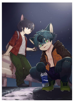 5_fingers anthro backpack bangs black_clothing black_ears black_footwear black_hair black_jacket black_nose black_shoes black_sneakers black_topwear blue_bottomwear blue_clothing blue_eyes blue_spandex bottle bottomwear bulge cellphone clothed clothing container crouching curious denim denim_bottomwear denim_clothing duo electronics eyebrows fingers footwear fur green_body green_bottomwear green_clothing green_ears green_eyes green_footwear green_fur green_hair green_jeans green_pants green_shoes green_sneakers green_tail grey_body grey_fur grey_tail guardrail hair hands_on_knees hands_on_legs holding_bottle holding_container holding_object holding_phone jacket jeans leaning leaning_backward leaning_on_railing light looking_at_viewer male moonlight multicolored_body multicolored_fur navel night open_clothing open_topwear orange_clothing orange_jacket orange_topwear outside pants phone pink_inner_ear red_clothing red_jacket red_topwear road shirt shoes shorts smartphone smile smiling_at_viewer smirk smirking_at_viewer sneakers spandex spandex_clothing spandex_shorts spread_legs spreading star tail tan_body tan_fur tan_inner_ear tan_tail teasing teasing_viewer tight_bottomwear tight_clothing tight_shorts tongue tongue_out topwear two_tone_body two_tone_fur two_tone_tail water_bottle white_backpack white_clothing white_eyebrows white_shirt white_topwear young young_anthro young_male umani canid canine canis mammal wolf hi_res