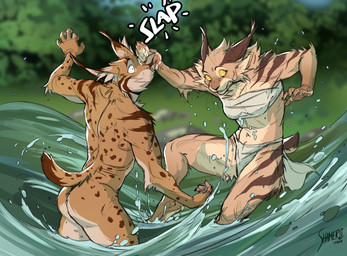 action_pose anthro arm_tuft bottomwear breasts butt chest_wraps clothing duo ear_tuft elbow_tuft female fight fur inner_ear_fluff loincloth male nude_anthro nude_male outside partially_submerged plant playing pose short_tail slap slap_(sound_effect) splash splashing_water spots stripes tail tan_body tan_fur tuft water wet wet_body wet_fur wraps shamerli koda_(kodalynx) niki_(shamerli) felid feline lynx mammal 2024 digital_media_(artwork) hi_res signature