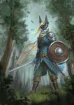 anthro armor blonde_hair blue_body blue_fur brown_scabbard curled_tail fantasy female forest fur gambeson hair leather mask medieval melee_weapon plant round_shield scabbard scarf shield sword tail tree weapon shamerli mallory_reynolds canid canine mammal hi_res