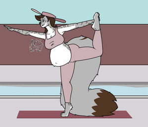 anthro belly big_belly big_breasts bottomwear breasts clothed clothing female fur looking_at_viewer pants pregnant pregnant_anthro pregnant_female prenatal_yoga solo yoga yoga_mat yoga_pants navaras janice_(navaras) felid feline leopard mammal pantherine snow_leopard 2021 digital_drawing_(artwork) digital_media_(artwork) hi_res signature