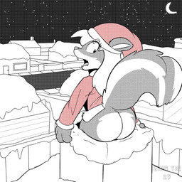 anthro big_butt bottomless bottomless_female butt chimney christmas_clothing christmas_headwear clothed clothing female hat headgear headwear holidays santa_hat snow solo stuck winter king-triangle christmas mammal mephitid skunk 1:1