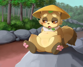 ambiguous_gender anthro asian_clothing asian_conical_hat biped black_markings black_nose brown_body brown_fur clothing countershade_face countershade_fur countershade_torso countershading day dipstick_tail east_asian_clothing eyebrows featureless_crotch fluffy fluffy_tail forest front_view fur gloves_(marking) hat hat_only headgear headgear_only headwear headwear_only leg_markings looking_aside markings mostly_nude multicolored_body navel neck_tuft on_rock open_mouth outside pawpads plant rock sitting sitting_on_rock socks_(marking) solo spread_legs spreading tail tail_markings tan_body tan_countershading tan_fur tongue tree tuft two_tone_body ajin centraltwig canid canine mammal raccoon_dog tanuki 2026 5:4 hi_res