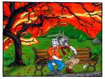 2016 alin_raven anthro antlers autumn bench bottomwear canid canine canis clothed clothing domestic_cat duo english_text felid feline felis flower footwear fur grass hair handpainted horn lamp lantern leaf legwear lion male male/male mammal on_bench outside pantherine pants park plant rock scarf shirt shoes shrub sitting tattoo text topwear traditional_media_(artwork) tree wolf