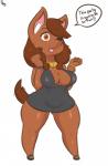 anthro big_breasts black_nose bracelet breasts brown_body brown_eyes brown_fur brown_hair cleavage clothed clothing dialogue dress eyebrows eyelashes female fur hair jewelry open_mouth short_stack simple_background smile solo speech_bubble text thick_thighs white_background wide_hips immortalstar angel_(lightsource) canid canine canis domestic_dog mammal absurd_res english_text hi_res