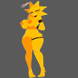 big_breasts blush breasts female looking_at_viewer markings mole_(marking) mole_on_breast mole_on_thigh mole_under_eye nipples not_furry simple_background smile solo sun teeth yellow_body kerotheklutz helia_(raytheuhhhhhh) humanoid mammal 1:1 digital_media_(artwork) hi_res watermark