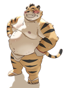anthro asian_clothing belly big_belly blush bodily_fluids clothing east_asian_clothing eyes_closed eyewear footwear glasses japanese_clothing kemono male mawashi moobs navel nipples overweight overweight_male sandals shoes simple_background solo standing sweat hon55728 felid mammal pantherine tiger 2026 hi_res