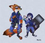 anthro armor ballistic_shield clothed clothing duo eyewear female fur grey_background grey_body grey_fur gun headgear helmet inner_ear_fluff knee_pads looking_back male purple_eyes ranged_weapon riot_gear riot_police riot_shield shield simple_background smile sunglasses tuft weapon white_background rockbottomfeeder disney zootopia judy_hopps nick_wilde canid canine fox lagomorph leporid mammal rabbit red_fox true_fox 2016