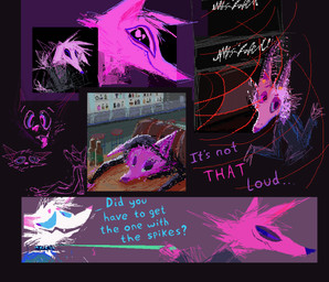 anthro clothing collar detailed_background female fur furniture grey_clothing grey_shirt grey_topwear group leash leash_pull male open_mouth open_smile pink_body pink_fur pink_nose shirt smile surrealism table topwear white_body white_fur demensa canid canine canis domestic_dog mammal 2019 digital_media_(artwork) hi_res pixel_(artwork)
