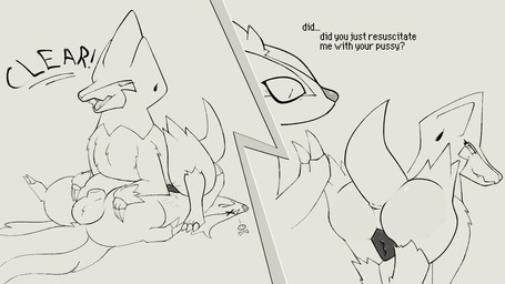 animal_genitalia animal_vulva anthro anus asking_another balls butt canine_genitalia canine_vulva claws dialogue duo ellipsis eyes_closed female feral fur genitals looking_at_another looking_back looking_back_at_another lying male male/female narrowed_eyes on_back open_mouth open_smile raised_tail resuscitation sheath sitting sitting_on_another smile snaggle_tooth spread_legs spreading tail talking_to_another text vulva pinnipip nintendo pokemon generation_3_pokemon linoone manectric pokemon_(species) 16:9 english_text hi_res monochrome widescreen