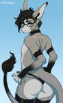 anthro black_hair blue_eyes butt clothed clothing cute_fangs eyewear femboy glasses grey_body hair horn latex looking_back male mostly_nude smile solo standing tail tail_tuft thong tuft underwear underwear_only kaitycuddle mythology dragon mythological_creature mythological_scalie reptile scalie wingless_dragon 2021 digital_media_(artwork)