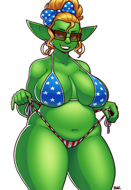 accessory american_flag_bikini big_breasts bikini bikini_pull blonde_hair blue_eyes bow_ribbon breasts clothing clothing_pull collarbone curvy_figure ear_piercing eyebrows eyelashes eyewear female flag_bikini flag_swimwear glasses glistening glistening_body glistening_skin green_body green_skin hair hair_accessory hair_bow hair_bun hair_ribbon holidays huge_breasts humanoid_pointy_ears looking_at_viewer mature_female navel not_furry piercing pointy_ears ribbons side-tie_bikini slightly_chubby slightly_chubby_female smile smiling_at_viewer solo string_bikini swimwear swimwear_pull thick_thighs two-piece_swimsuit united_states_of_america voluptuous wide_hips blazbaros 4th_of_july goblin humanoid 2023 hi_res