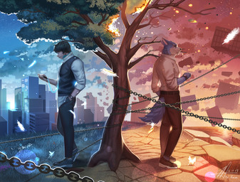 anthro belt black_hair blue_body blue_fur bottomwear building cellphone chain city clock clothed clothing cloud destruction detailed_background duo electronics feathers fluffy fluffy_tail footwear fur furgonomics grass hair headphones lens_flare light_body light_skin male multicolored_body multicolored_fur outside pants phone plant shirt shoes sky standing sunset tail tail_clothing topwear tree two_tone_body two_tone_fur vest watch water white_body white_fur raccoon21 arthropod butterfly canid canine canis human insect lepidopteran mammal wolf 2015 signature