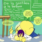 4_fingers anthro beak big_breasts big_butt blush bodily_fluids bottomwear breasts butt clothing cum female fingers genital_fluids hair huge_butt pants purple_hair shirt solo teacher text thick_thighs topwear yellow_body kuge avian bird 1:1 hi_res spanish_text