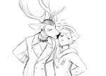 anthro antlers bow_tie duo hands_behind_back horn kissing kissing_cheek male male/male medal sailor_uniform smile text hladilnik deer_admiral_(hladilnik) ship's_catboy_(hladilnik) deer domestic_cat felid feline felis mammal 2025 black_and_white hi_res monochrome sketch