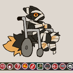 ambiguous_gender anthro bandage big_ears big_tail black_body black_eyes black_fur black_tail blood bodily_fluids broken_bone chair cheek_tuft colored_blood dipstick_tail disability ears_back facial_tuft fluffy fluffy_tail fur furniture gameplay_mechanics grey_background in_wheelchair knee_tuft leg_tuft markings on_chair orange_body orange_fur orange_sclera orange_tail_tip pivoted_ears scared simple_background sitting sitting_on_chair solo tail tail_markings trauma traumatized tuft unusual_blood unusual_bodily_fluids vehicle wheelchair wide_eyed wounded yellow_blood ir0sucks casualties:_unknown gunsaw canid canine expie_(gunsawian) fox gunsawian hybrid mammal murid murine rat rodent 1:1 2026 digital_drawing_(artwork) digital_media_(artwork) hi_res