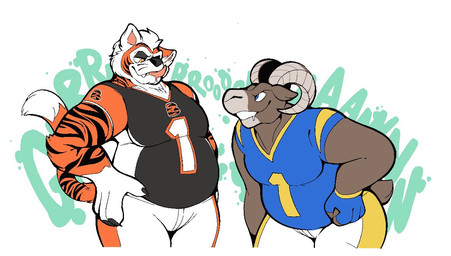 4_fingers american_football anthro athletic athletic_anthro athletic_male black_clothing black_stripes blue_clothing blue_eyes bodily_fluids bottomwear brown_body brown_fur challenge clothing drooling duo fangs fingers fur furry_tail hungry imminent_vore jersey licking licking_lips male male/male male_pred mascot orange_body orange_fur pants rounded_horn rumbling_stomach saliva shirt short_tail slightly_chubby slightly_chubby_anthro slightly_chubby_male sound_effects sport stripes tail teeth tongue tongue_out topwear white_body white_clothing white_fur yellow_eyes boot_(artist) cincinnati_bengals los_angeles_rams nfl super_bowl rampage_(los_angeles_rams) who-dey_(cincinnati_bengals) bovid caprine felid mammal pantherine sheep tiger 2022